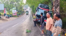 Bus yang terlibat kecelakaan di Desa Tanggulangin, Kecamatan Jatisrono, Wonogiri, Minggu (3/11/2024). (Dok. Camat Jatisrono)